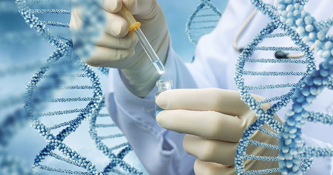 Close-up graphic of gloved hands using a dropper with DNA strands in the foreground and background